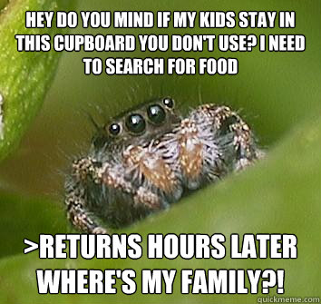 Hey do you mind if my kids stay in this cupboard you don't use? i need to search for food >returns hours later
Where's my family?! - Hey do you mind if my kids stay in this cupboard you don't use? i need to search for food >returns hours later
Where's my family?!  Misunderstood Spider