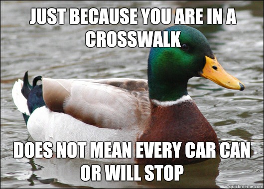 Just because you are in a crosswalk  Does not mean every car can or will stop  Actual Advice Mallard
