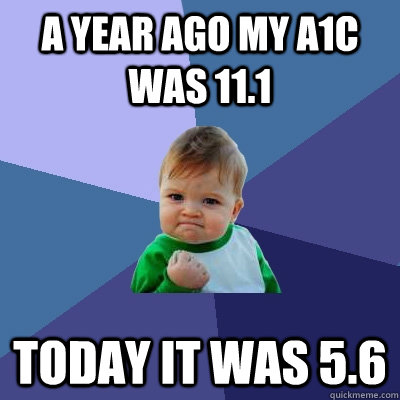A year ago my A1C was 11.1 Today it was 5.6  Success Kid