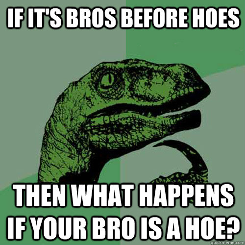 if it's bros before hoes then what happens if your bro is a hoe?  Philosoraptor