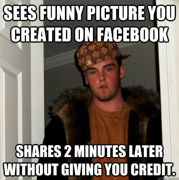 Sees funny picture you created on Facebook shares 2 minutes later without giving you credit.  Scumbag Steve