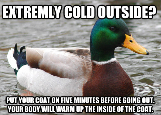 Extremly Cold Outside? Put your Coat on Five Minutes before going out. Your Body will warm up the inside of the coat.  Actual Advice Mallard