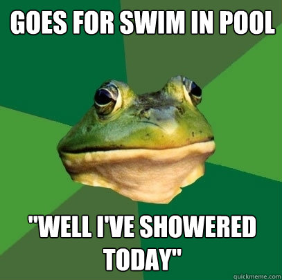 Goes for swim in pool 