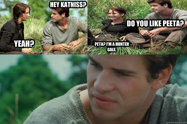 Hey Katniss? Yeah? Do you like Peeta? Peta? I'm a hunter Gale.  