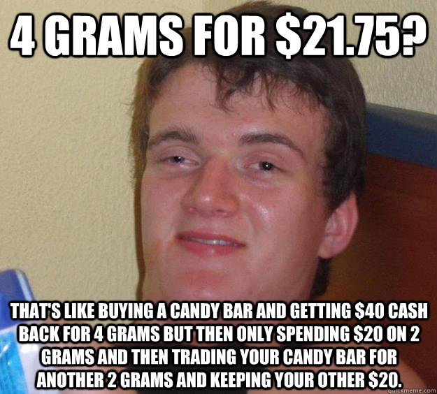 4 Grams for $21.75? That's like buying a candy bar and getting $40 cash back for 4 grams but then only spending $20 on 2 grams and then trading your candy bar for another 2 grams and keeping your other $20. - 4 Grams for $21.75? That's like buying a candy bar and getting $40 cash back for 4 grams but then only spending $20 on 2 grams and then trading your candy bar for another 2 grams and keeping your other $20.  10 Guy