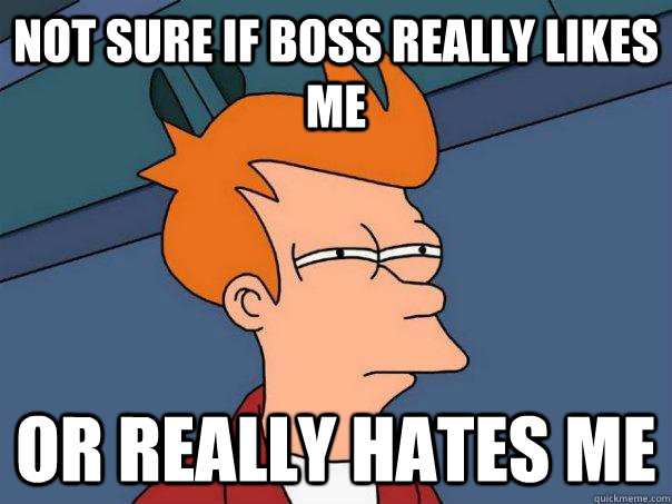 Not sure if boss really likes me Or really hates me  Futurama Fry
