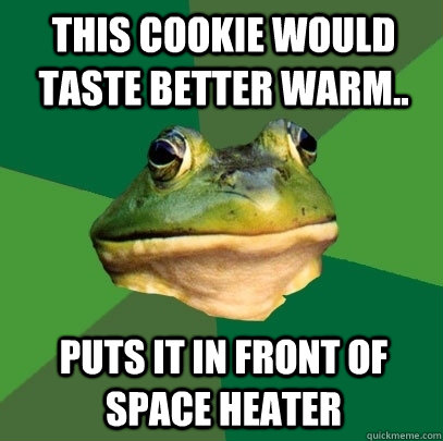 this cookie would taste better warm.. Puts it in front of space heater - this cookie would taste better warm.. Puts it in front of space heater  Foul Bachelor Frog