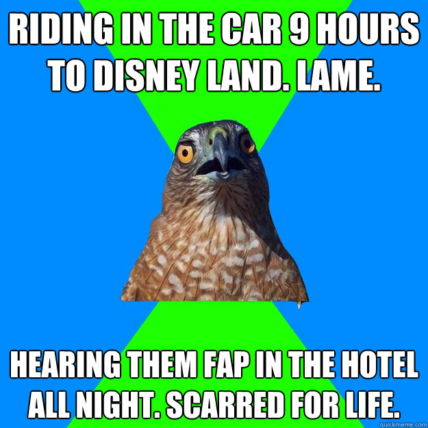 Riding in the car 9 hours to disney land. Lame. Hearing them fap in the hotel all night. Scarred for life.  Hawkward