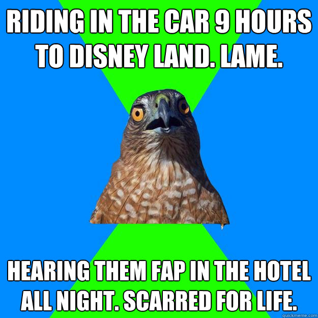Riding in the car 9 hours to disney land. Lame. Hearing them fap in the hotel all night. Scarred for life.  Hawkward