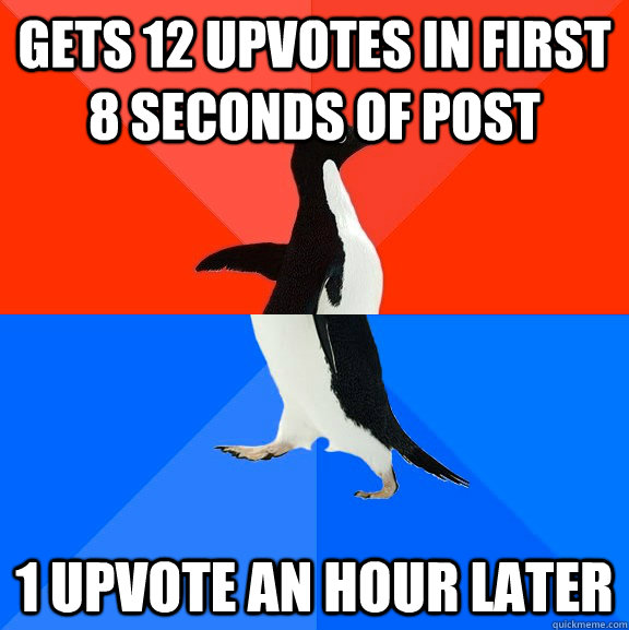 Gets 12 upvotes in first 8 seconds of post 1 upvote an hour later  Socially Awesome Awkward Penguin