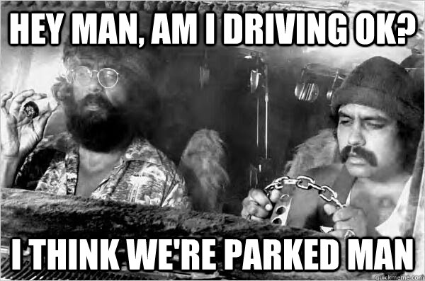 Hey man, am I driving ok? I think we're parked man  Cheech and Chong