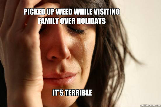 Picked up weed while visiting family over holidays it's terrible  First World Problems