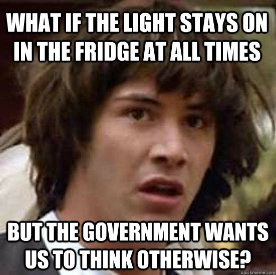 What if the light stays on in the fridge at all times But the government wants us to think otherwise?  conspiracy keanu