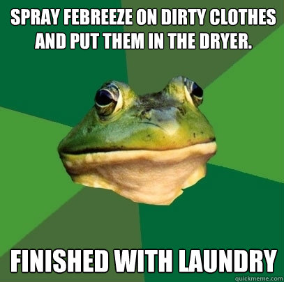 Spray Febreeze on dirty clothes and put them in the Dryer. finished with laundry  Foul Bachelor Frog