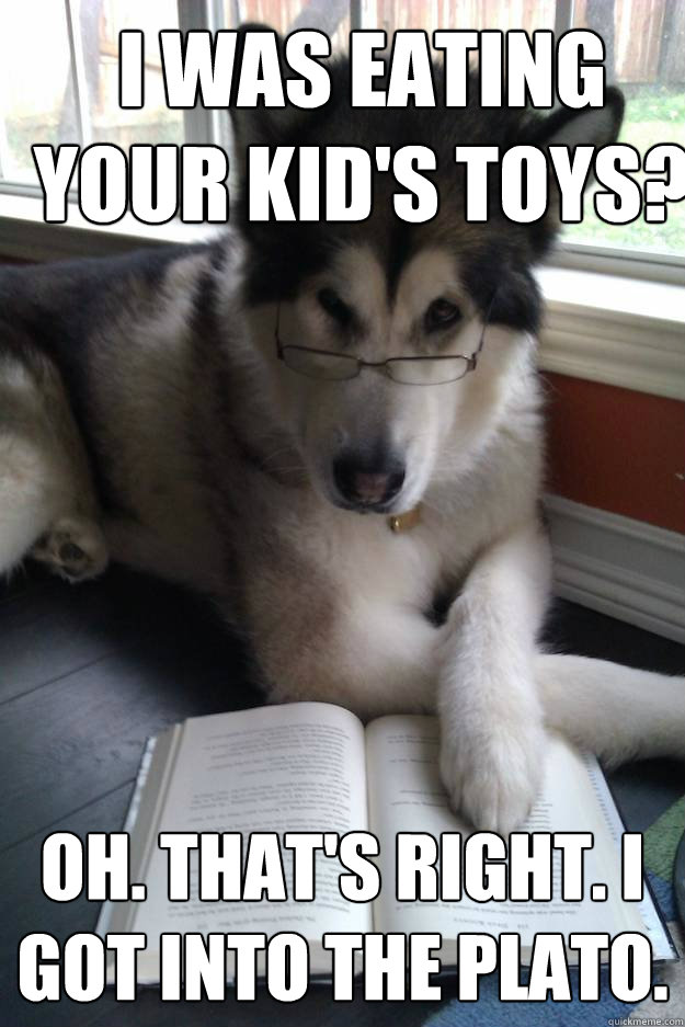 I was eating your kid's toys? Oh. That's right. I got into the Plato.  - I was eating your kid's toys? Oh. That's right. I got into the Plato.   Condescending Literary Pun Dog