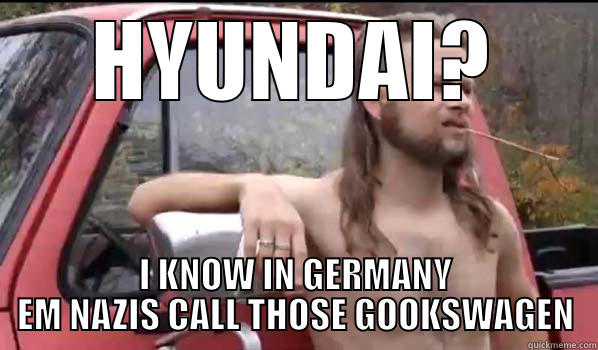HYUNDAI? I KNOW IN GERMANY EM NAZIS CALL THOSE GOOKSWAGEN Almost Politically Correct Redneck