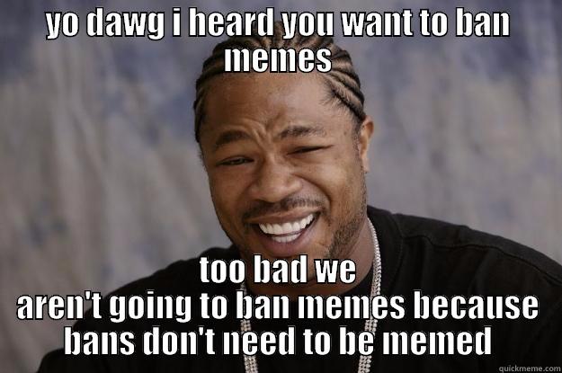 meme fuck - YO DAWG I HEARD YOU WANT TO BAN MEMES TOO BAD WE AREN'T GOING TO BAN MEMES BECAUSE BANS DON'T NEED TO BE MEMED Xzibit meme