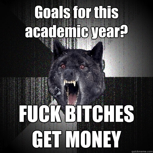 Goals for this academic year? FUCK BITCHES
GET MONEY  Insanity Wolf