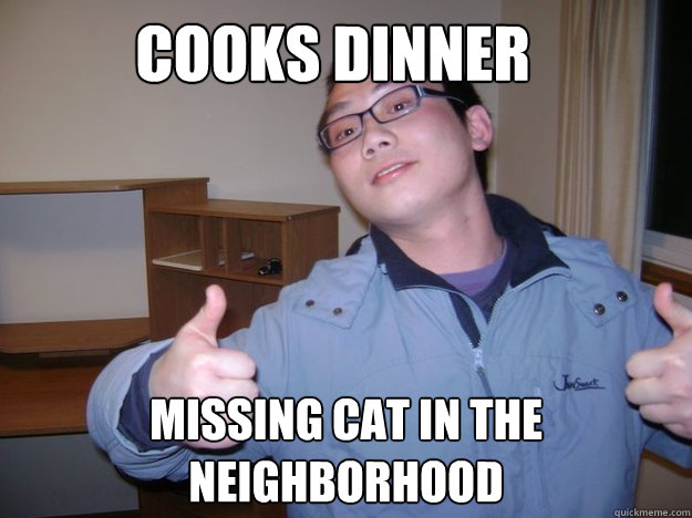 COOKS DINNER MISSING CAT IN THE NEIGHBORHOOD  