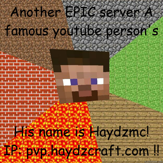 Another EPIC server A famous youtube person's His name is Haydzmc! IP: pvp.haydzcraft.com !!
   Minecraft