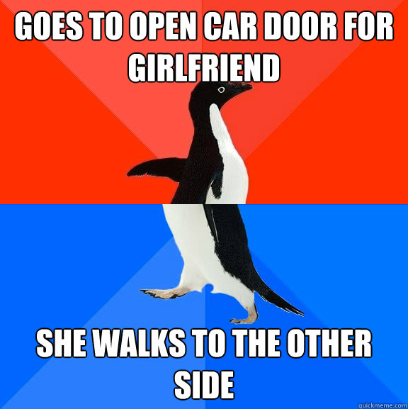 Goes to open car door for girlfriend she walks to the other side  Socially Awesome Awkward Penguin