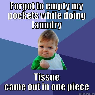 FORGOT TO EMPTY MY POCKETS WHILE DOING LAUNDRY TISSUE CAME OUT IN ONE PIECE Success Kid