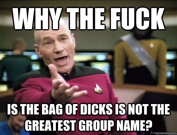 why the fuck is the bag of dicks is not the greatest group name?  Annoyed Picard HD