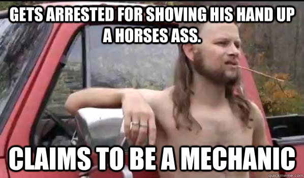 gets arrested for shoving his hand up a horses ass. claims to be a mechanic  Almost Politically Correct Redneck
