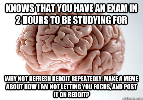 Knows that you have an exam in 2 hours to be studying for Why not refresh reddit repeatedly, make a meme about how I am not letting you focus, and post it on reddit?  Scumbag Brain