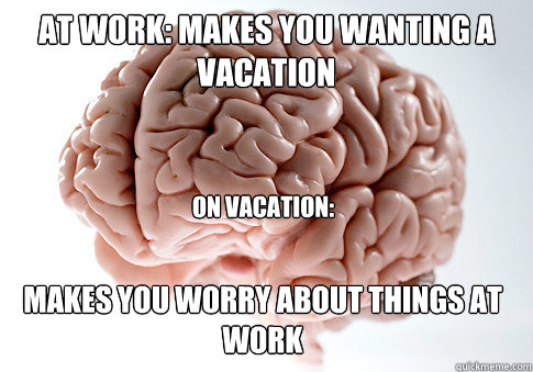 At work: makes you wanting a  vacation On vacation: MAKES YOU WORRY ABOUT THINGS AT WORK  Scumbag Brain