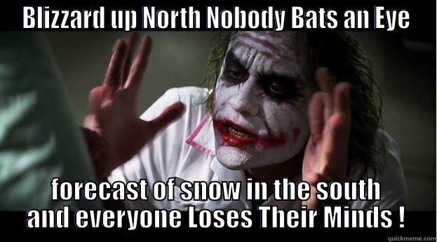 BLIZZARD UP NORTH NOBODY BATS AN EYE FORECAST OF SNOW IN THE SOUTH AND EVERYONE LOSES THEIR MINDS ! Joker Mind Loss