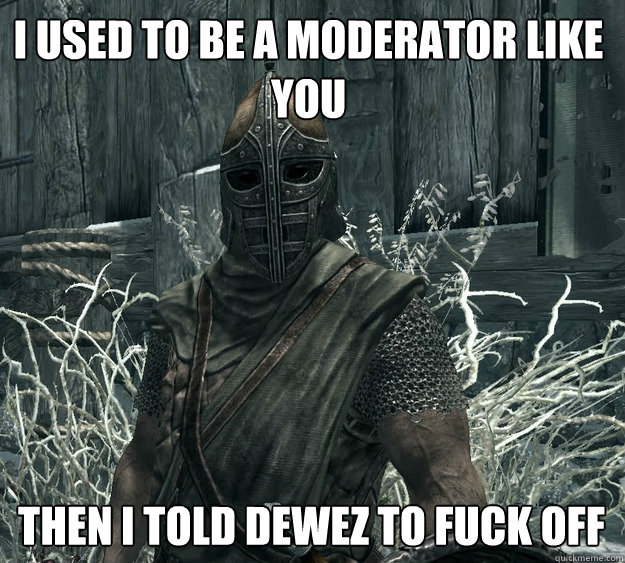 I used to be a moderator like you Then I told DEWEz to fuck off - I used to be a moderator like you Then I told DEWEz to fuck off  Skyrim Guard