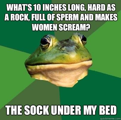 What's 10 inches long, hard as a rock, full of sperm and makes women scream?  The sock under my bed - What's 10 inches long, hard as a rock, full of sperm and makes women scream?  The sock under my bed  Foul Bachelor Frog