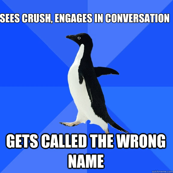 sees crush, engages in conversation gets called the wrong name  Socially Awkward Penguin