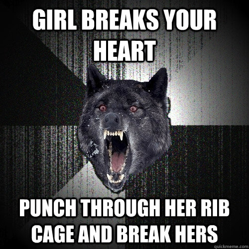 girl breaks your heart punch through her rib cage and break hers  Insanity Wolf