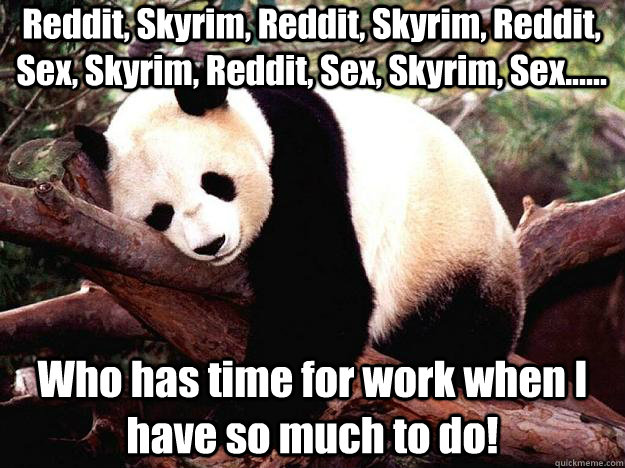 Reddit, Skyrim, Reddit, Skyrim, Reddit, Sex, Skyrim, Reddit, Sex, Skyrim, Sex...... Who has time for work when I have so much to do!  Procrastination Panda