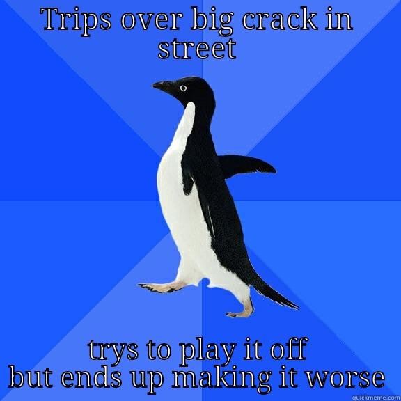 TRIPS OVER BIG CRACK IN STREET TRYS TO PLAY IT OFF BUT ENDS UP MAKING IT WORSE Socially Awkward Penguin