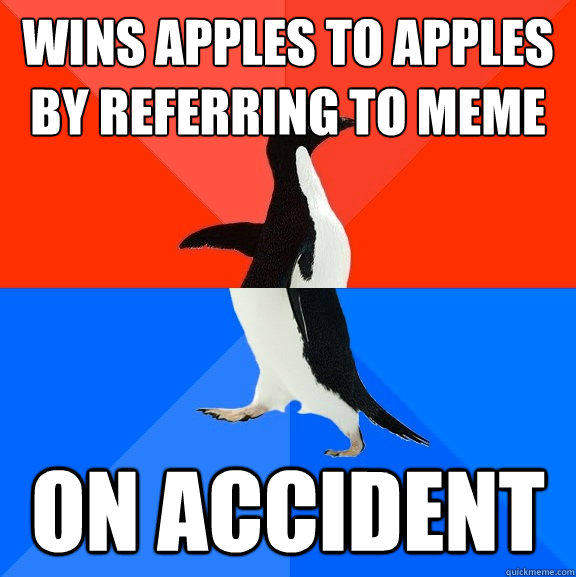 wins apples to apples by referring to meme on accident  Socially Awesome Awkward Penguin