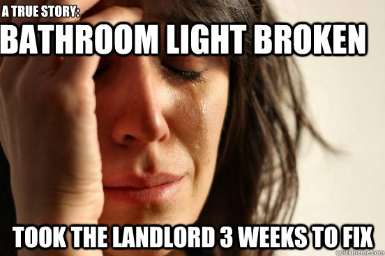 bathroom light broken took the landlord 3 weeks to fix  A True Story:    First World Problems