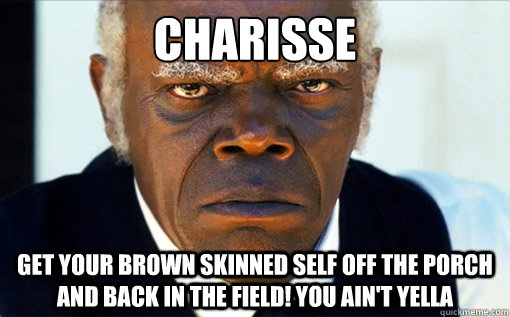 Charisse  Get your Brown skinned Self off the porch and back in the field! You Ain't Yella   