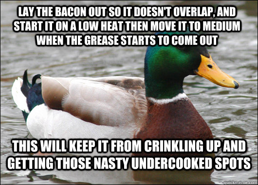 Lay the bacon out so it doesn't overlap, and start it on a low heat then move it to medium when the grease starts to come out this will keep it from crinkling up and getting those nasty undercooked spots   Actual Advice Mallard