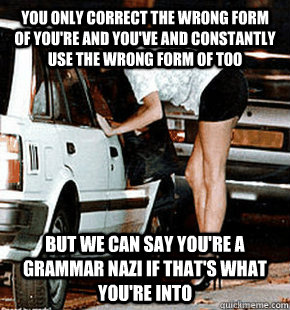 You only correct the wrong form of you're and you've and constantly use the wrong form of too but we can say you're a grammar nazi if that's what you're into  Karma Whore
