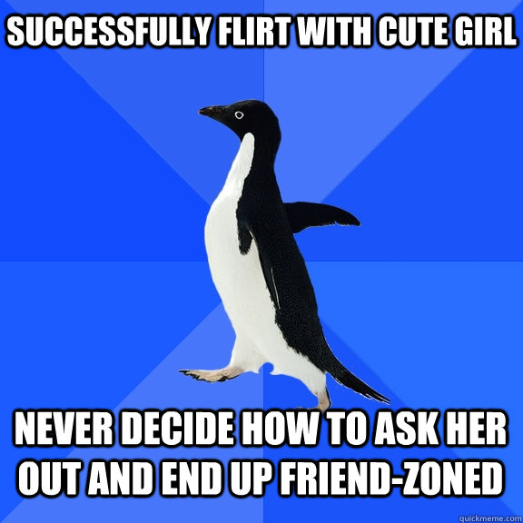 Successfully flirt with cute girl Never decide how to ask her out and end up friend-zoned  Socially Awkward Penguin