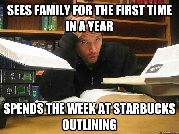 Sees family for the first time in a year Spends the week at starbucks outlining  Overworked Law Student