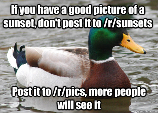 If you have a good picture of a sunset, don't post it to /r/sunsets Post it to /r/pics, more people will see it  Actual Advice Mallard
