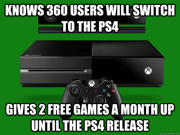 Knows 360 users will switch to the PS4 Gives 2 free games a month up until the ps4 release - Knows 360 users will switch to the PS4 Gives 2 free games a month up until the ps4 release  Good Guy Microsoft