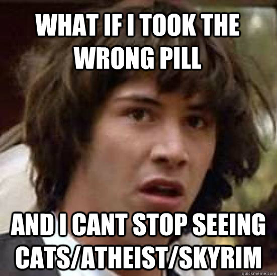 What if i took the wrong pill and i cant stop seeing cats/atheist/skyrim  conspiracy keanu