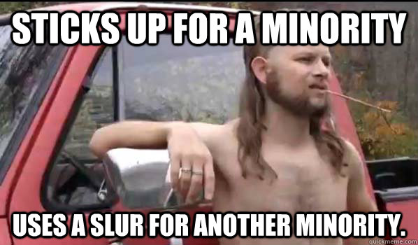 Sticks up for a minority  Uses a slur for another minority.   Almost Politically Correct Redneck