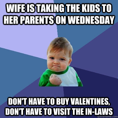 Wife is taking the kids to her parents on wednesday Don't have to buy Valentines, don't have to visit the in-laws  Success Kid