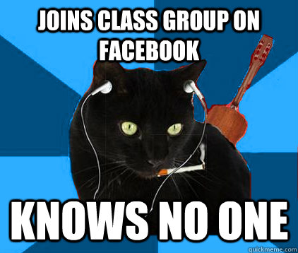 Joins class group on facebook  knows no one  Socially Awkward Berklee Cat